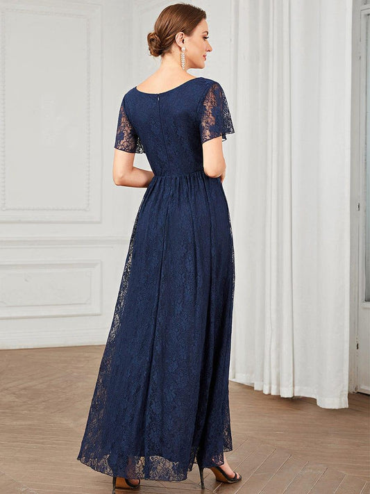 ever ELISE|V-Neck Short Sleeve Pleated Ruffled Lace Wedding Guest Dress