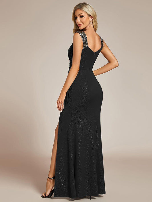ever NOIRE|Elegant Sequin V Neck High Slit Wedding Guest Dress