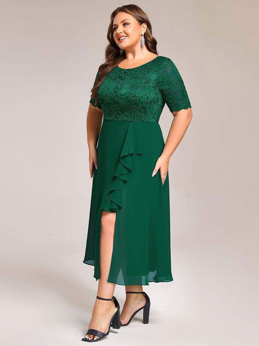 pretty NYLA|Plus Size Lace Top Short Sleeve Split Round Neck Evening Dress