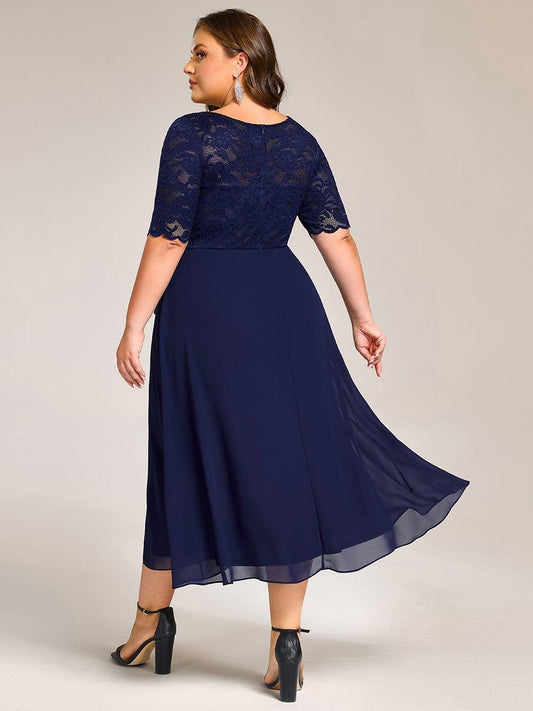 pretty NYLA|Plus Size Lace Top Short Sleeve Split Round Neck Evening Dress