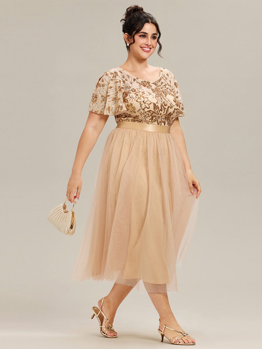Round Neck Sequin Tulle Midi Evening Dress