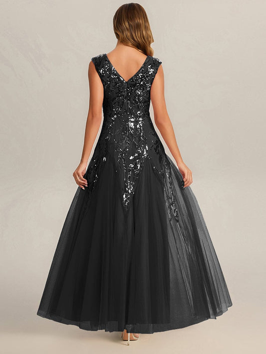 ever FREYA| Floral Sequin A Line Maxi Evening Dress with V-Neck