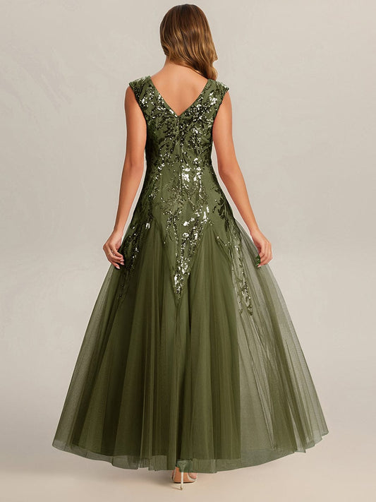 ever FREYA| Floral Sequin A Line Maxi Mother of the Bride Dress with V-Neck