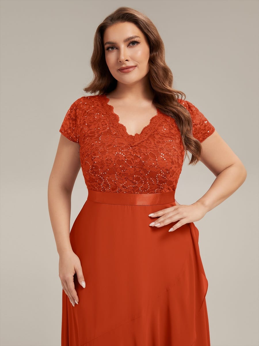 Deep V-Neck Chiffon Cap Sleeve Dress