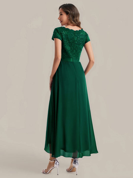 Deep V-Neck Chiffon Cap Sleeve Dress