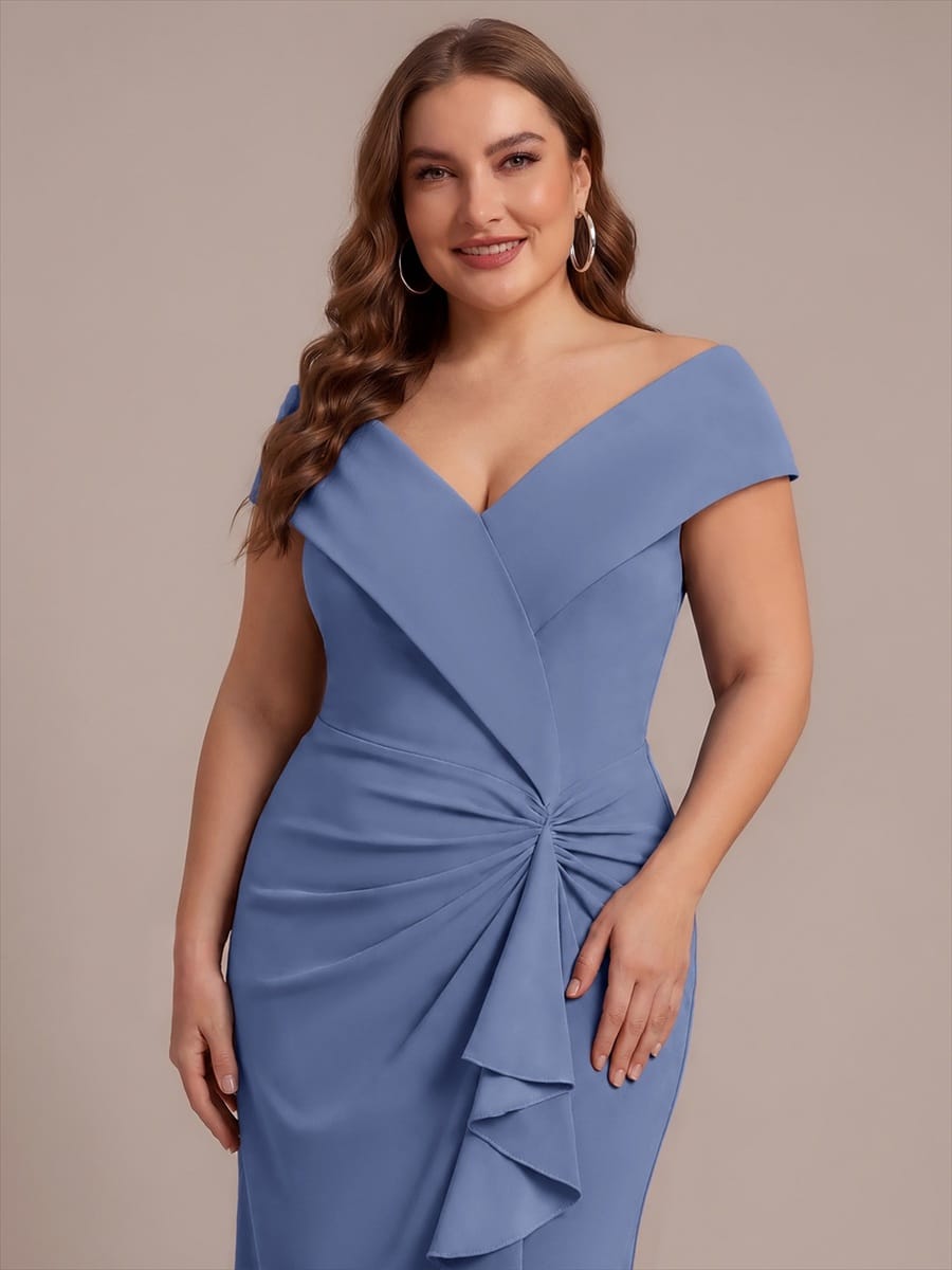 Ruffle Slit Mermaid Crepe V Neck Mother of the Bride Dress