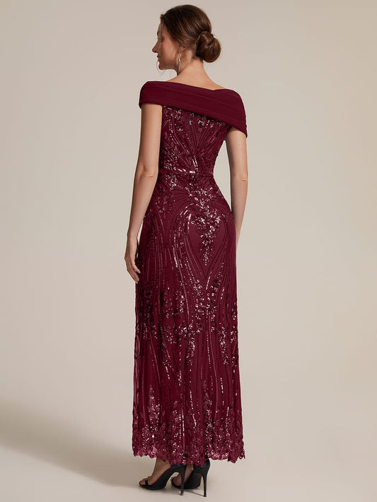 Draped Off-the-Shoulder Sequin Maxi Evening Dress