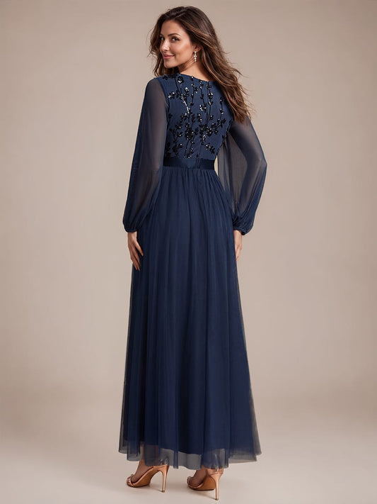 Sequin Tulle Puff Sleeve Maxi Evening Dress