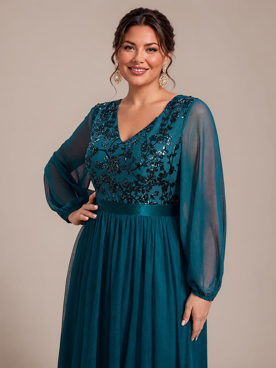 Sequin Tulle Puff Sleeve Maxi Evening Dress