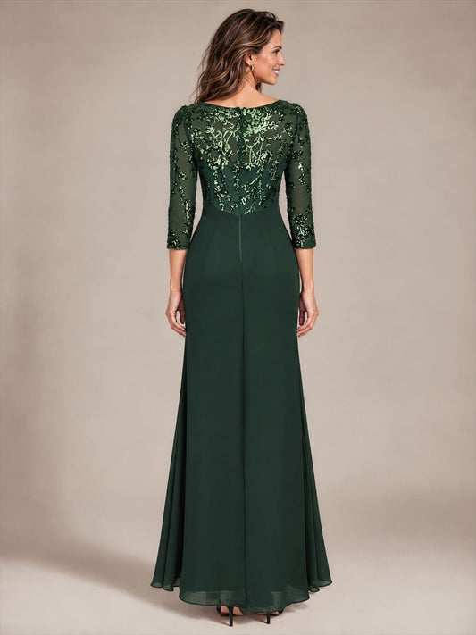 Sequin Bodice Twist Front Long Evening Dress