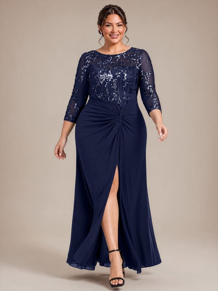 Sequin Bodice Twist Front Long Evening Dress
