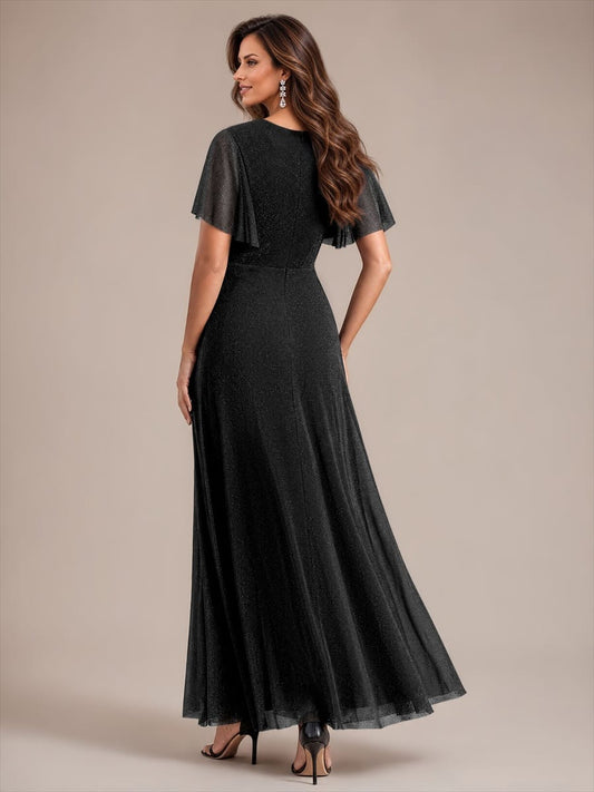 Pleated Lurex Mesh Ruffle Sleeve Evening Dress
