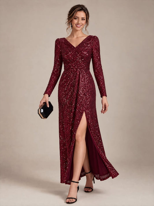 Sequin Long Sleeve V Neck Maxi Dress