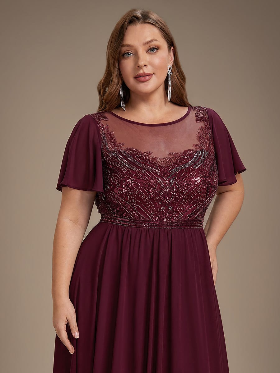 Beaded Tulle A Line Maxi Dress with Ruffle Sleeves