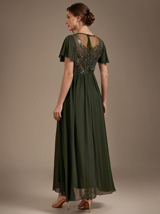 Beaded Tulle A Line Maxi Dress with Ruffle Sleeves