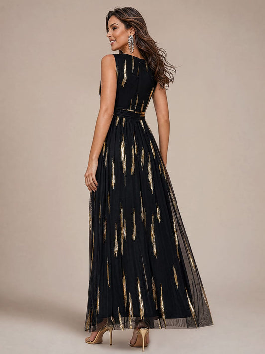 Draped Sequin Tulle Sleeveless Maxi Dress