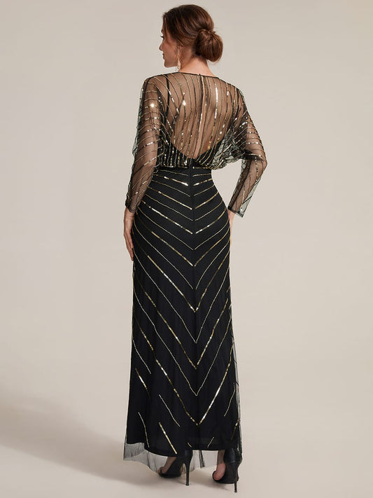 Beaded Sequin Tulle Maxi Dress with Long Sleeves