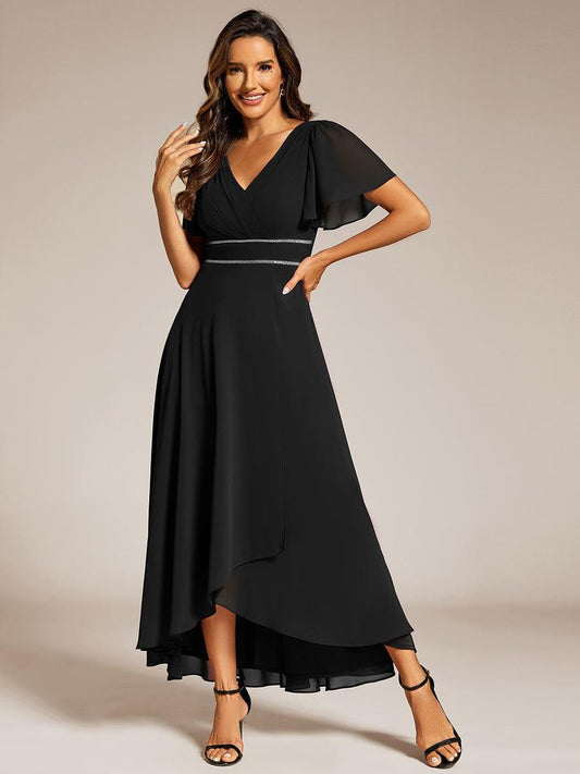 ever DAKOTA|Chiffon Ruffle Sleeves Rhinestone Waist High-Low Wedding Guest Dress