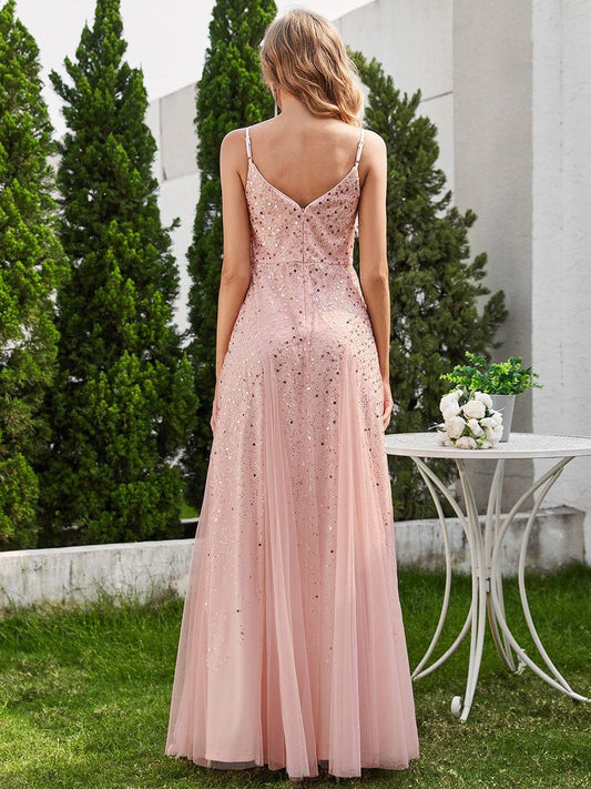 ever BERKLYN|Sequined V-Neck Tulle Sleeveless Dress with Empire Waist In Pink