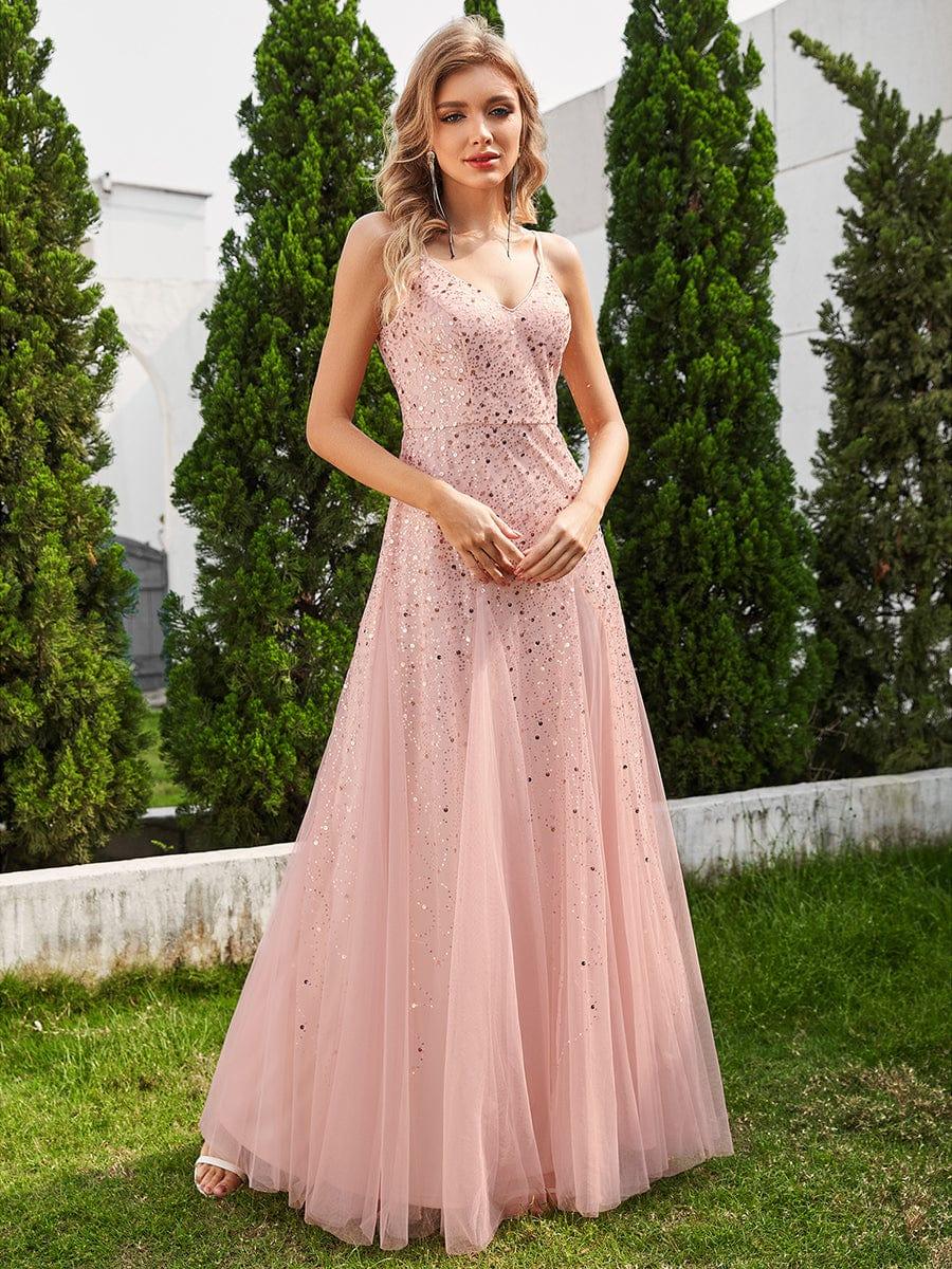 ever BERKLYN|Sequined V-Neck Tulle Sleeveless Dress with Empire Waist In Pink