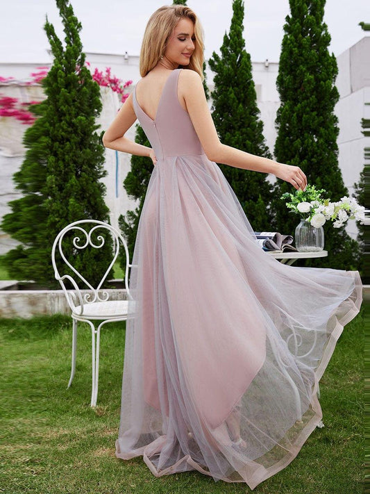 Sleeveless V-Neck A-Line High-Low Embroidered Applique Tulle Evening Dress (Final Sale)