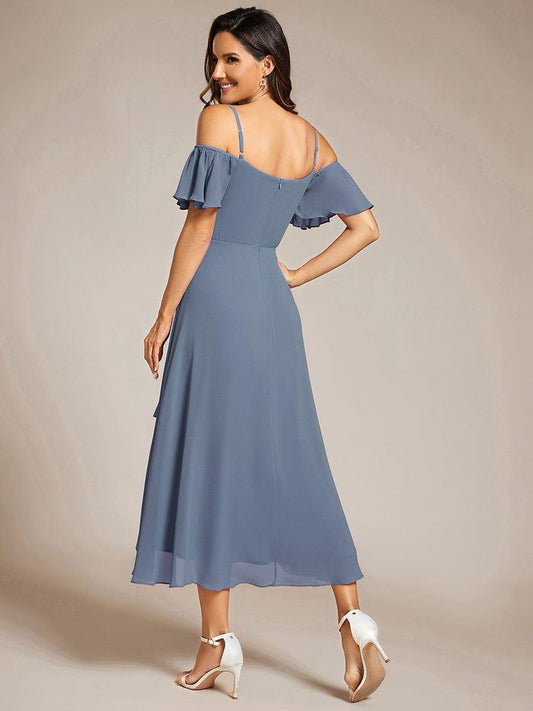 ever JORDANE|Off-Shoulder High-Low Chiffon Bridesmaid Dresses with Short Sleeves