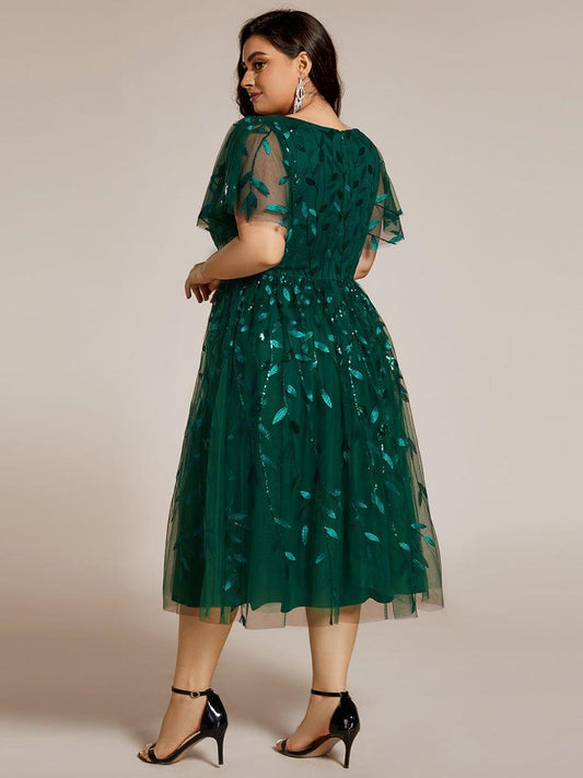 pretty SIMONE|Plus Size Leaf Sequin Tulle Midi Wedding Guest Dress (Final Sale)
