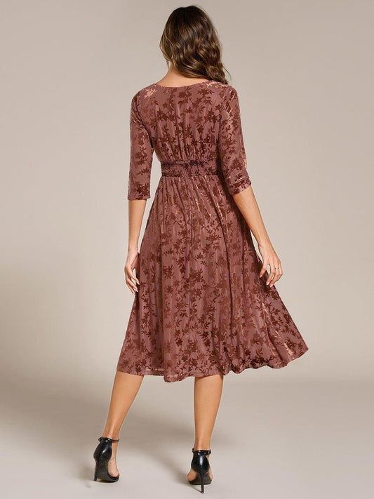 ever NYRA|3/4 Sleeve V Neck A-Line Velvet Jacquard Midi Length Wedding Guest Dress (Final Sale)