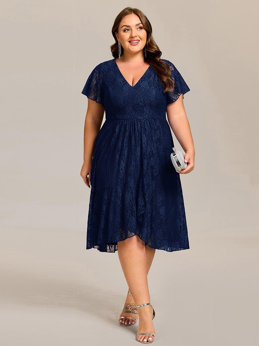 ever PALOMA|V-Neck Lace Lotus Leaf Ruffles Sleeve Midi Length Wedding Guest Dress