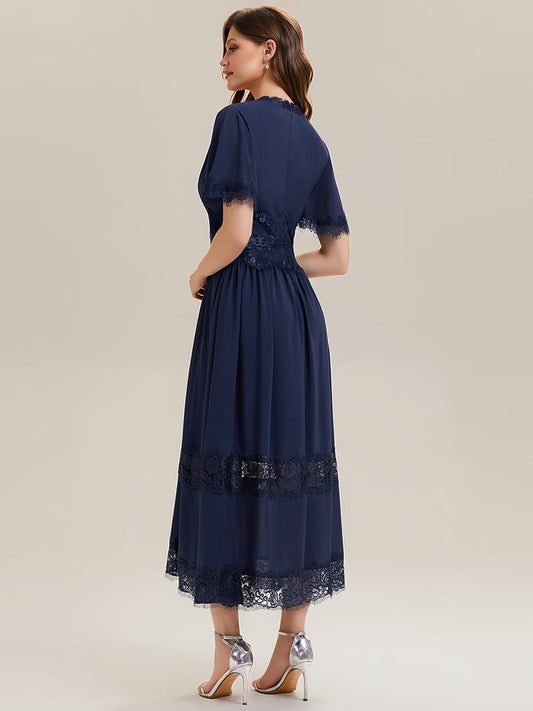 Cut-Out Detail Chiffon Ruffle Sleeve Dress