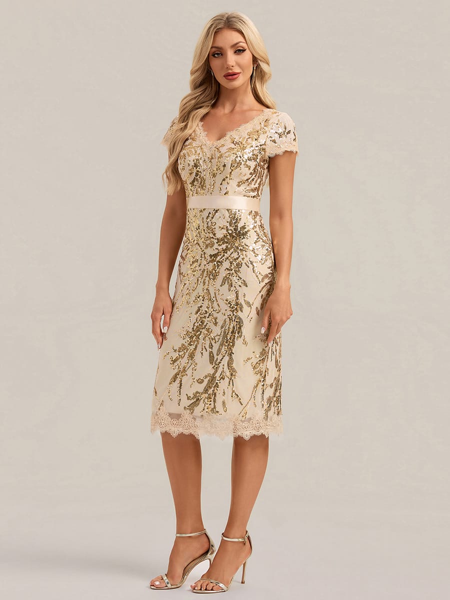 Deep V-Neck Sequin Cap Sleeve Dress