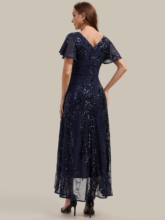 Sequin Ruffle Flutter Sleeve High Low Dress