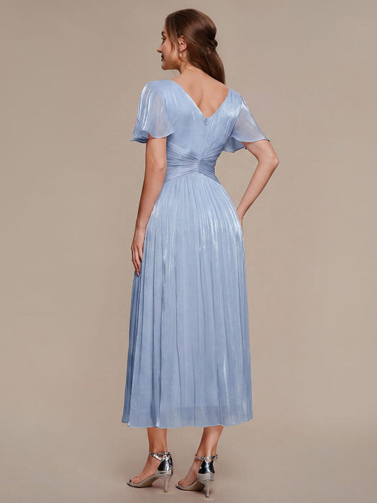 Gathered Sea-island Filament Fabircs Ruffle Sleeve Dress