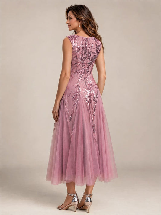 Sequin Sleeveless Tea Length Wedding Guest Dress