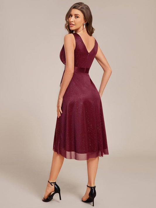 ever AZARIA|Glitter V-Neck Pleated Lotus Leaf Sleeveless Midi Length Wedding Guest Dress