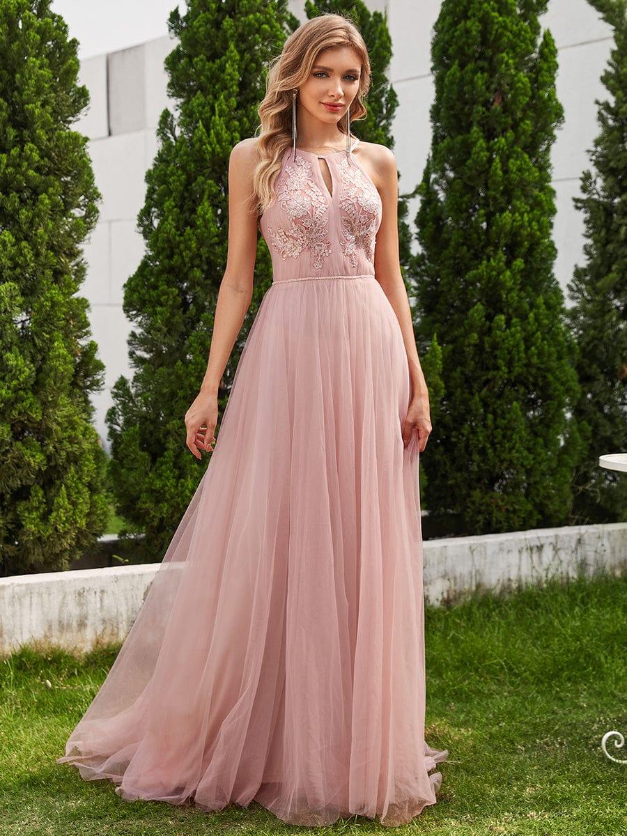 Halter Neck A-Line Tulle Maxi Dress with Applique in Pink