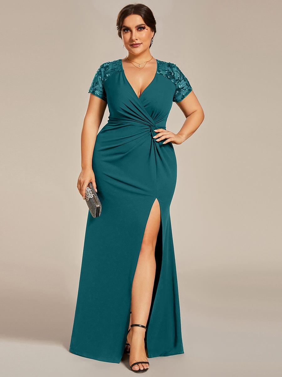 ever GILDED|Short Sequin Sleeve Front Slit Mother of the Bride Dress