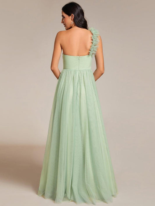 ever CLOE|Elegant One Shoulder Maxi Tulle High Slit Dress In Sage Green