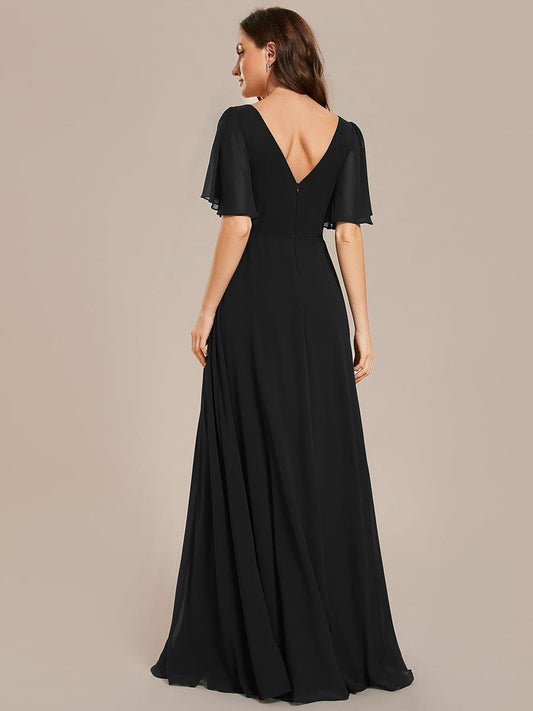 Simple Chiffon Short Sleeves Empire Waist A-Line Maxi Dress in Black