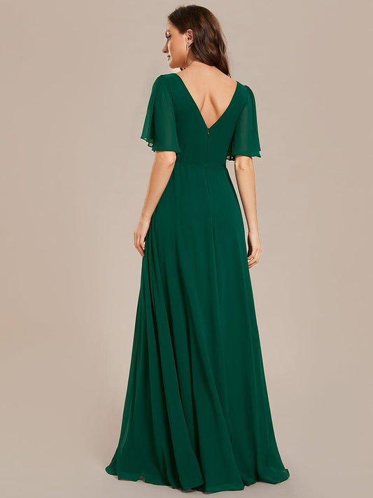 Simple Chiffon Short Sleeves Empire Waist A-Line Maxi Dress in Dark Green