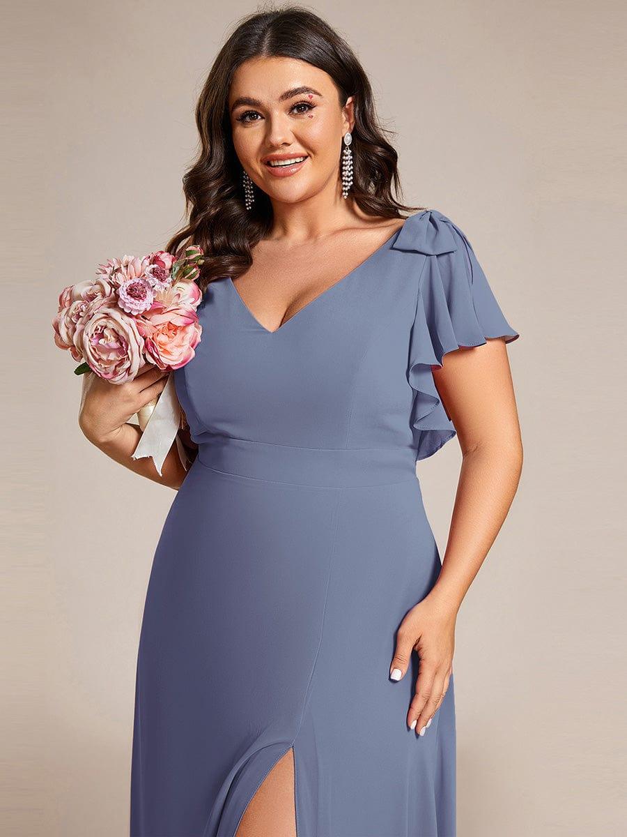ever ROSY|Double V-Neck High Split Dress with Ribbon Bow in Dusty Blue