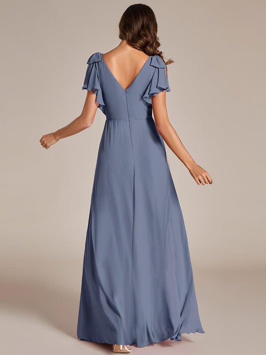 ever ROSY|Double V-Neck High Split Dress with Ribbon Bow in Dusty Blue