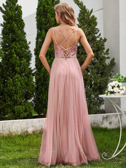ever LOGAN|Sleeveless Paillette Tulle Dress with Cross-Back Straps In Pink