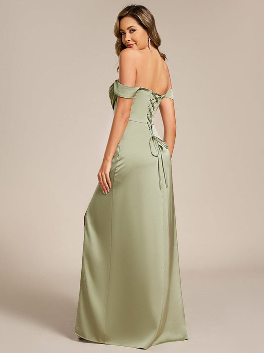 ever OLIVE|Designer Off Shoulder Back-Tie Satin Bridesmaid Dress