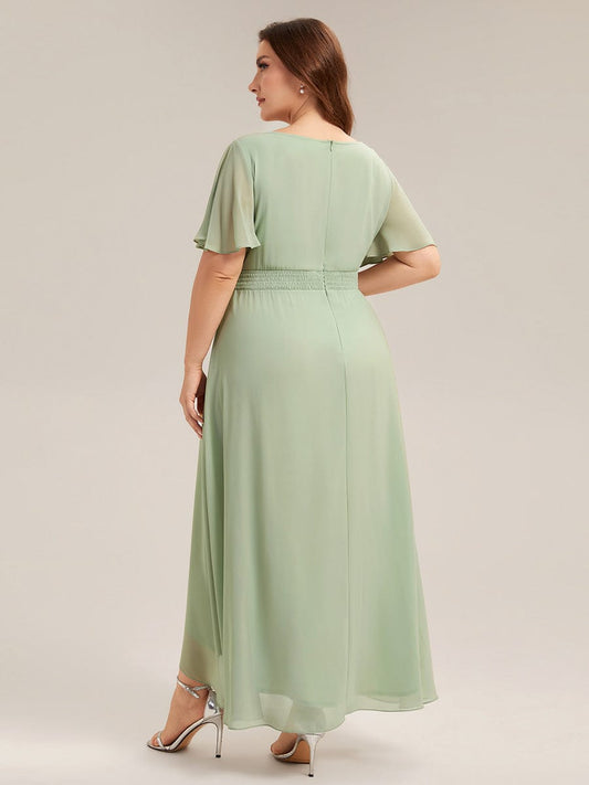 pretty SAGE|Plus Size Ruched Chiffon Ruffle Sleeve Wedding Guest Dress