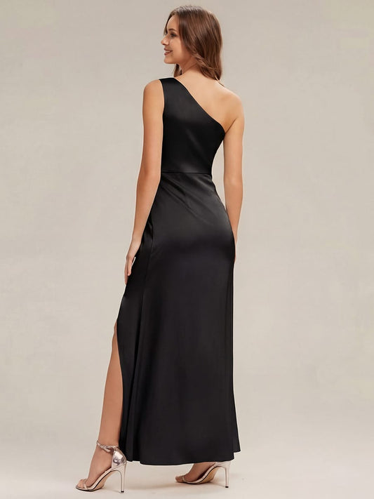 Thigh-High Slit Satin One-Shoulder Wedding Guest Dress