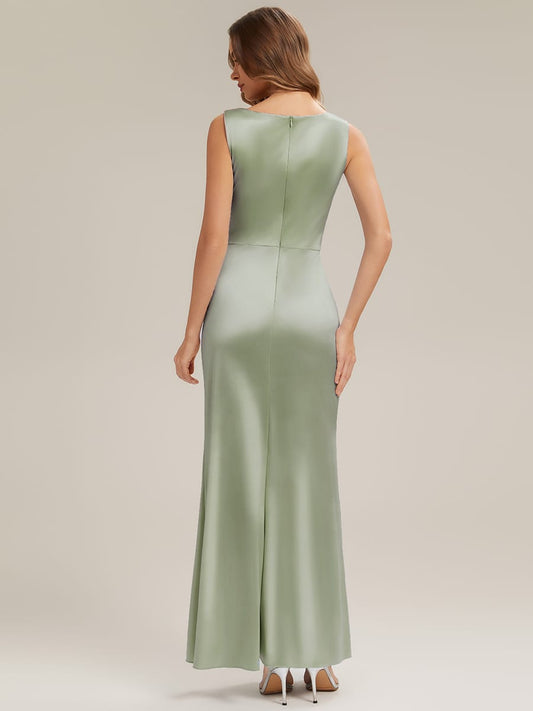 Cowl Neck Satin Drape and Slit Dress