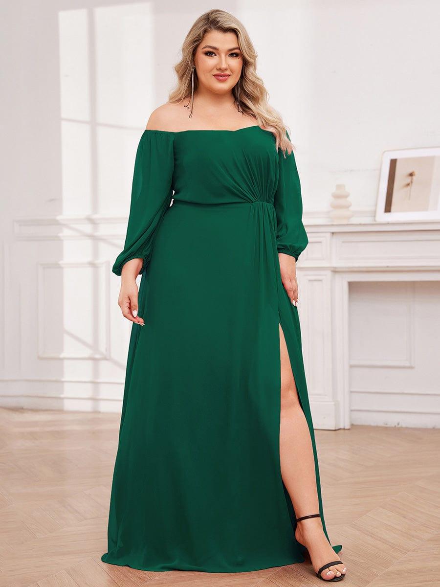 ever DANICA|Long Sleeve Chiffon Off Shoulder Dress with High Slit in Dark Green