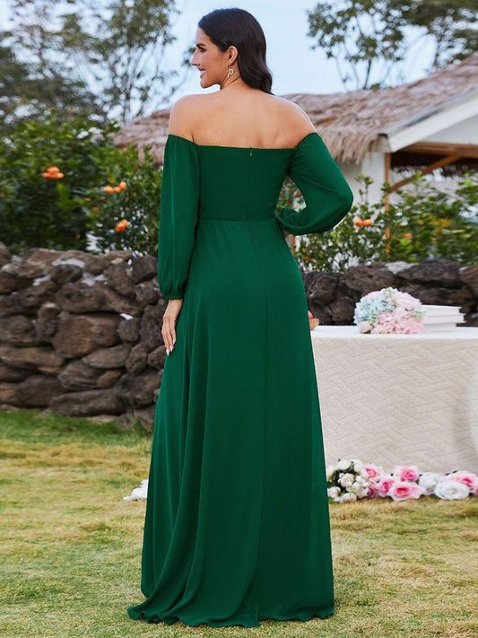 ever DANICA|Long Sleeve Chiffon Off Shoulder Dress with High Slit in Dark Green