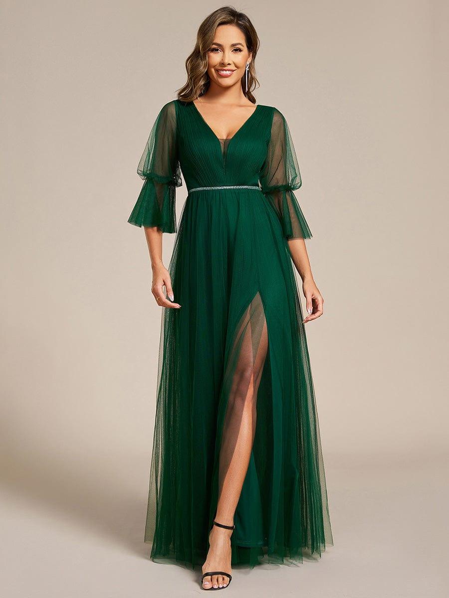 ever HEIDY|3/4 Sleeve Deep V-Neck Tulle Dress with Chain Waist Detail in Dark Green